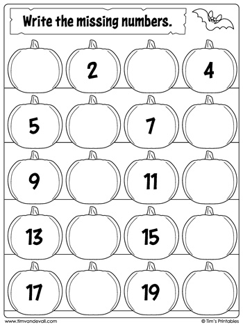 Halloween Missing Numbers Worksheet: Numbers 1 to 20 - Tims ...