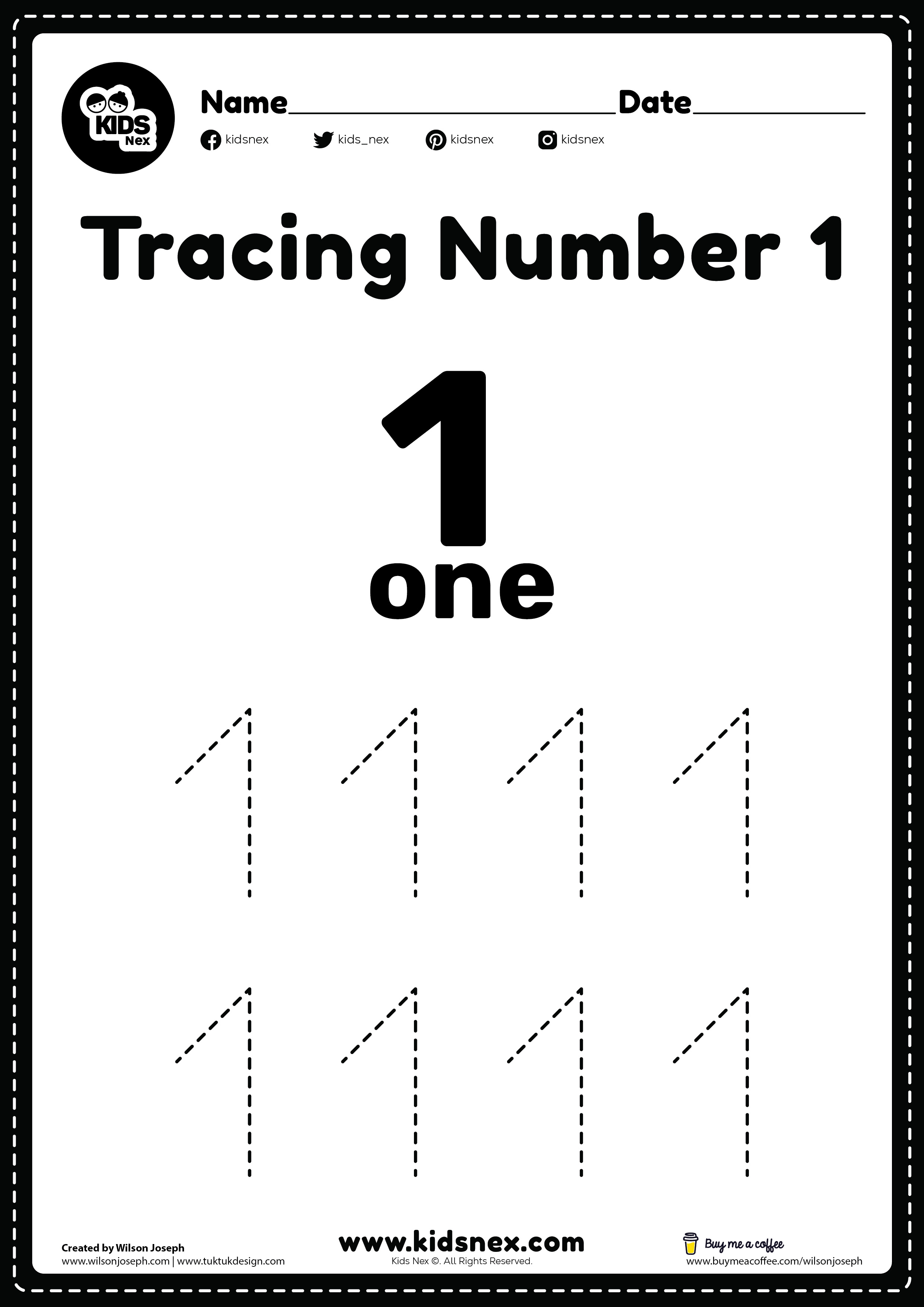 Tracing number 1 worksheet - Free Printable | www.kidsnex.com