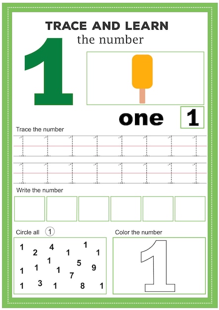 Premium Vector Writing practice number one printable worksheet Premium Vector Writing practice number one printable worksheet