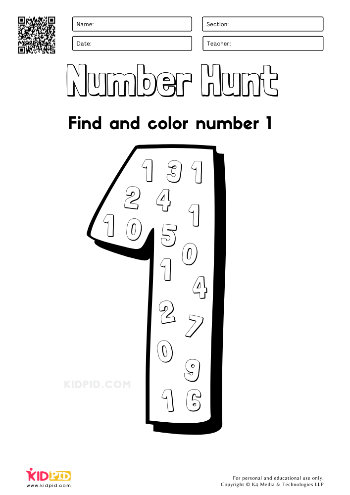 number 1 worksheet for toddlers