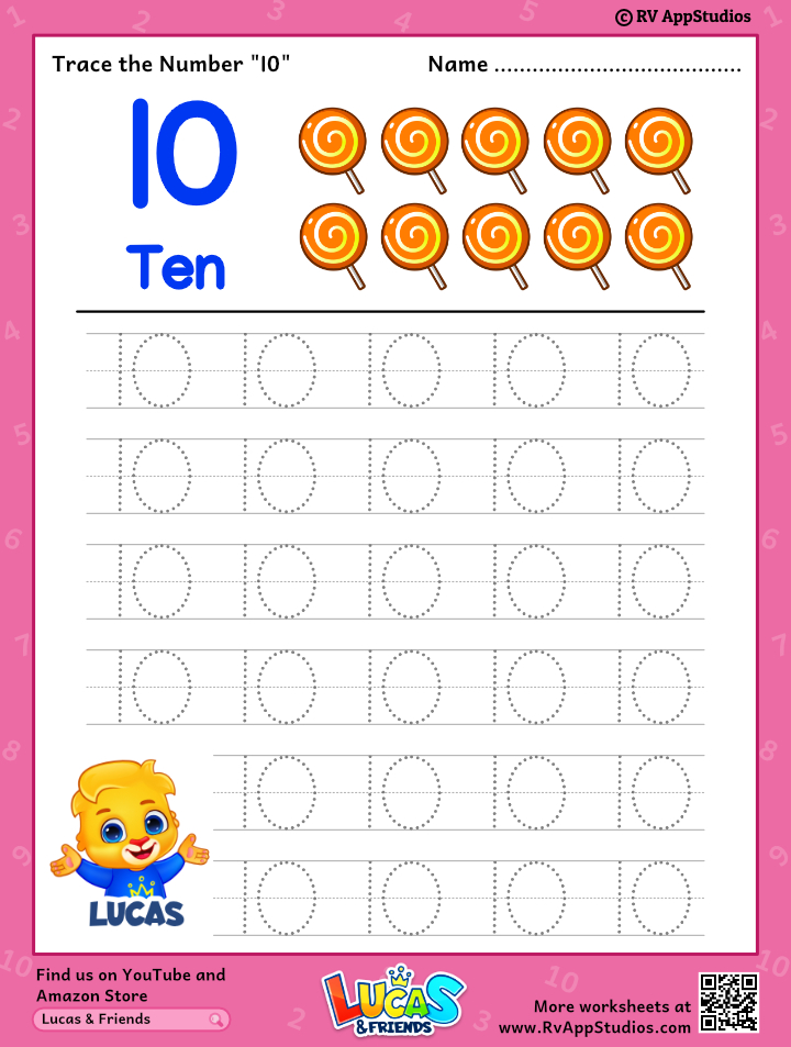 Trace Number 10 Worksheet for FREE for Kids