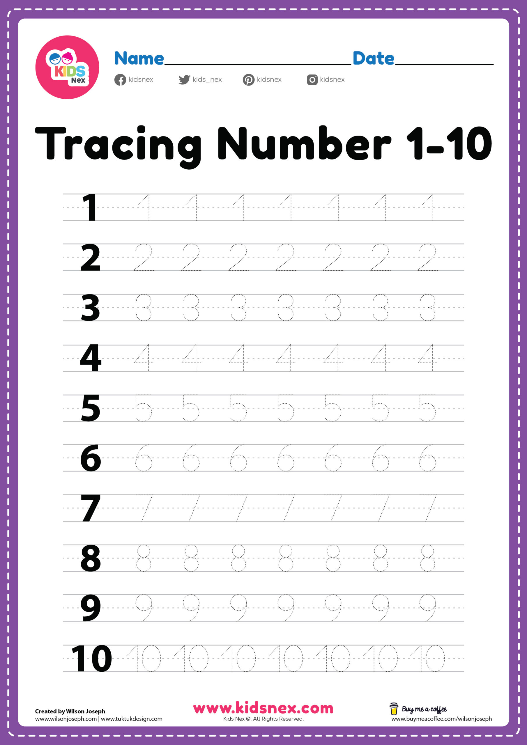 Tracing Number 1-10 Worksheet - Free PDF Printable for Kids