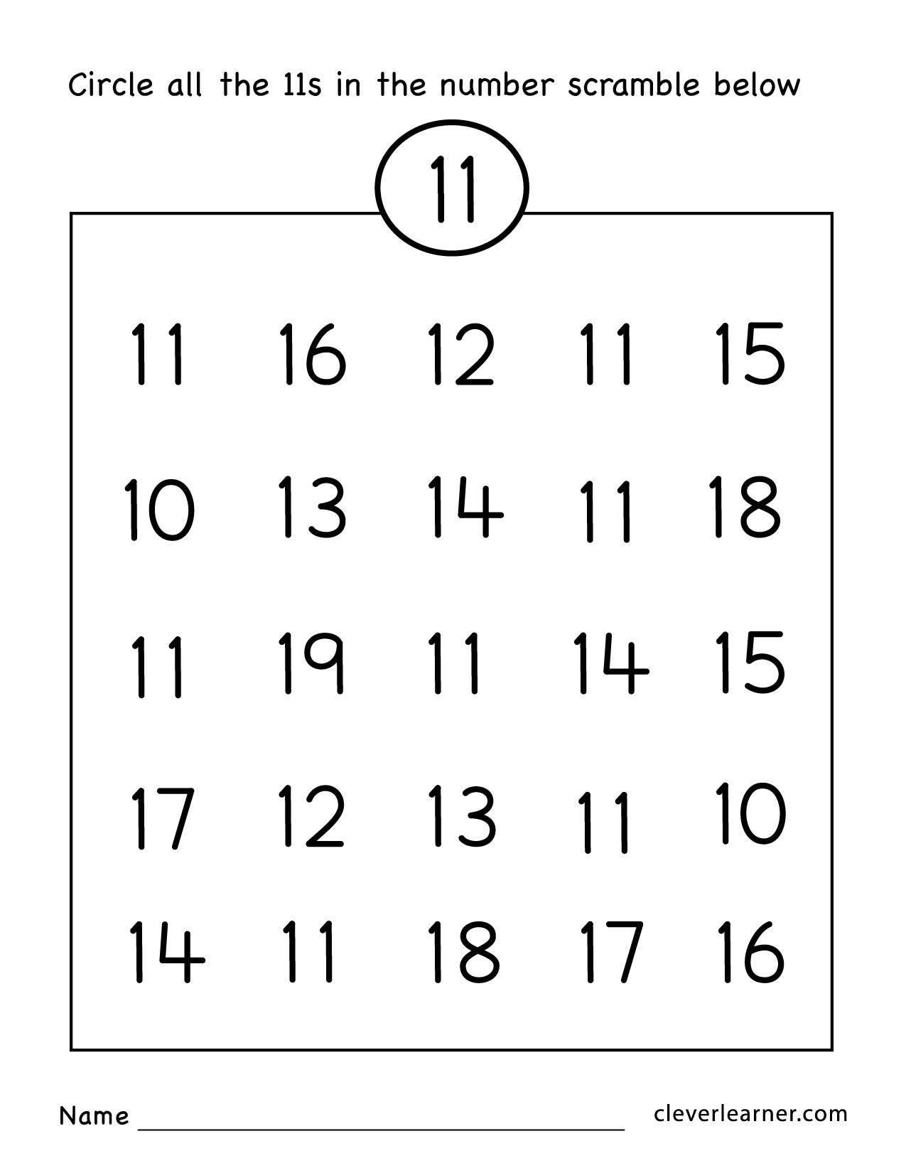 Number eleven writing, counting and identification printable ...