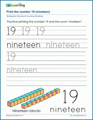 Print the number 19 (nineteen) | Worsheets library