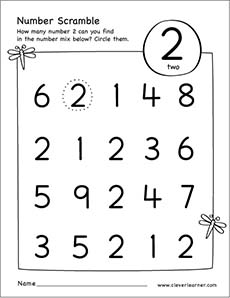 Number scramble activity worksheet for number 2 for preschool children