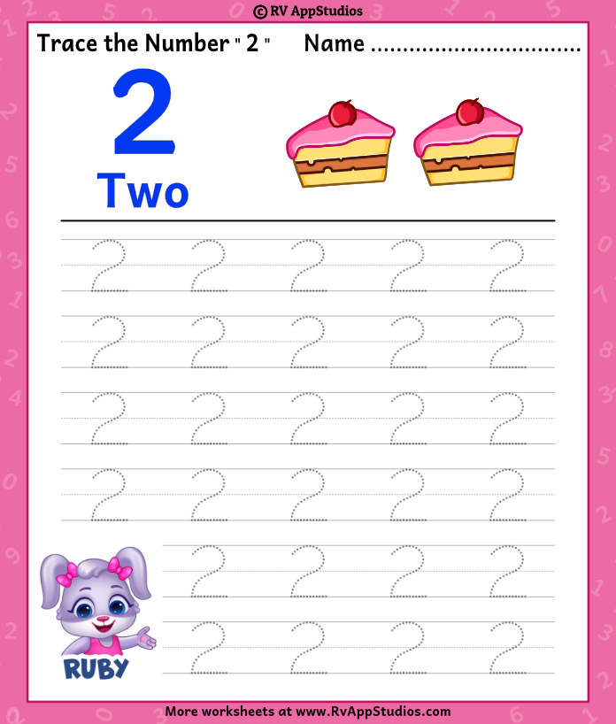 Trace Number 2 Worksheet for FREE for Kids