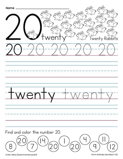 number 20 worksheet for preschool