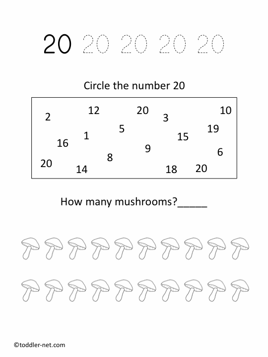 number 20 worksheet for preschool