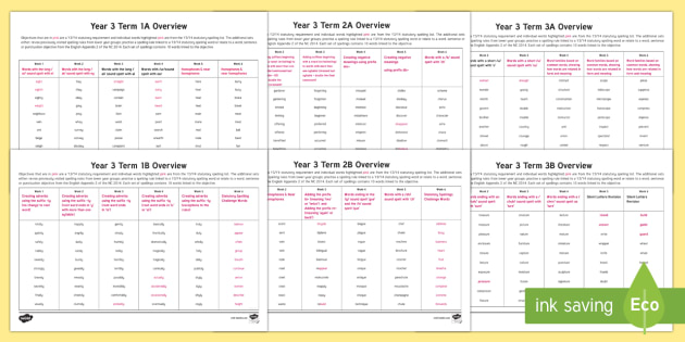 Year 3 Term 1 to 3 Spellings Overview Resource Pack - Twinkl