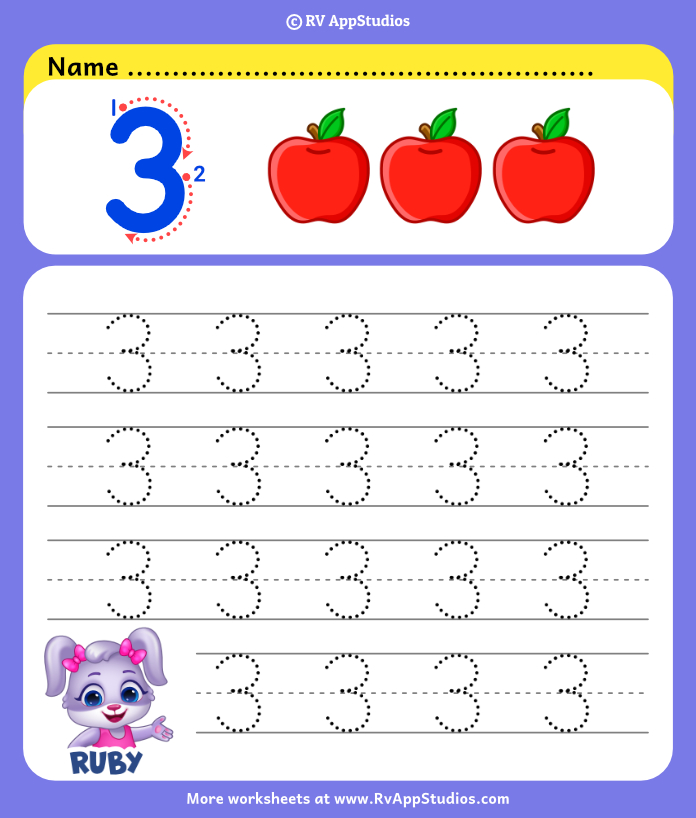 Number 3 Tracing Worksheets | Count and Trace Number 3