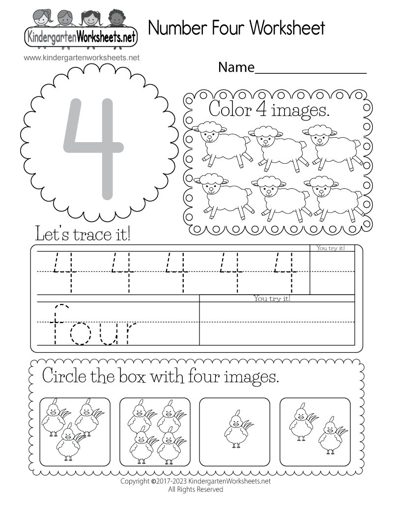 Free Printable Number Four Learning Worksheet for Preschool