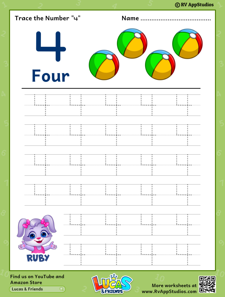 Trace Number 4 Worksheet for FREE for Kids
