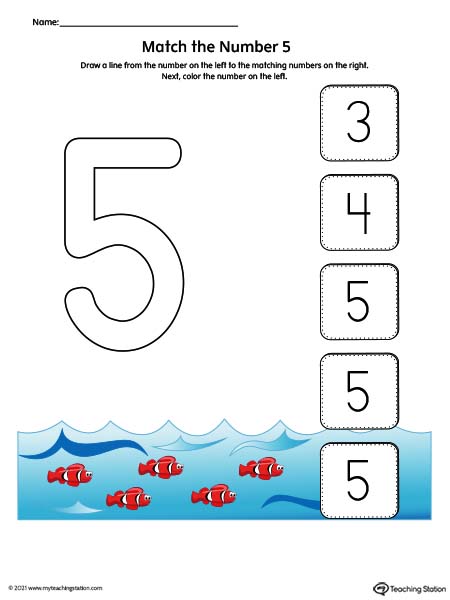 Match the Number Printable Worksheet: 5 (Color ...