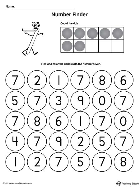 Number Recognition Worksheet: Find and Circle Number 7 (Color ...