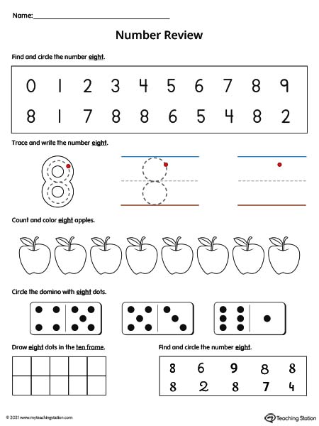 Number 8 Review Worksheet (Color) | MyTeachingStation.com