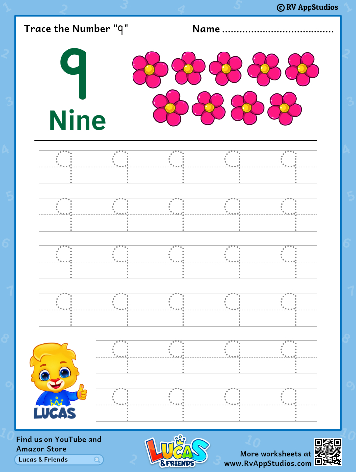 Trace Number 9 Worksheet for FREE for Kids