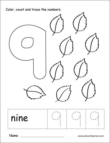 Number nine writing, counting and recognition activities for children
