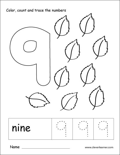 Number nine writing, counting and recognition activities for children