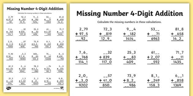 4 Digit Missing Number Addition Worksheet / Worksheet