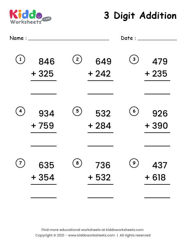 Free Printable 3 Digit Addition Worksheet Worksheet - kiddoworksheets