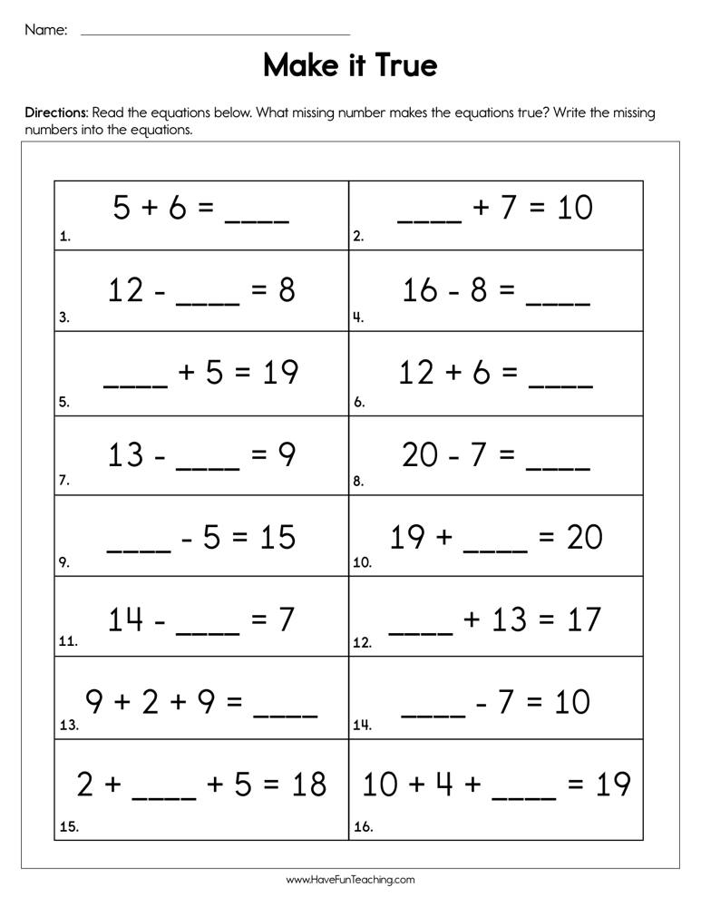 Make It True Missing Number Addition Subtraction Worksheet - Have ...