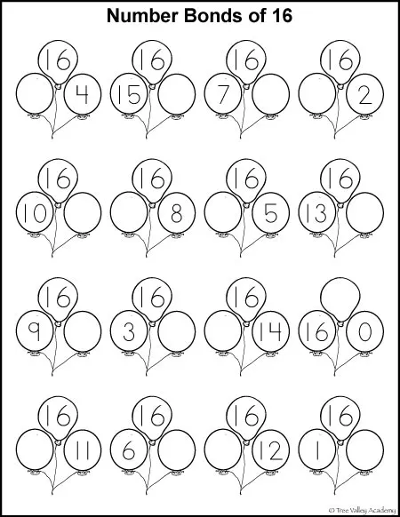 Number Bonds to 16 Free Math Worksheets
