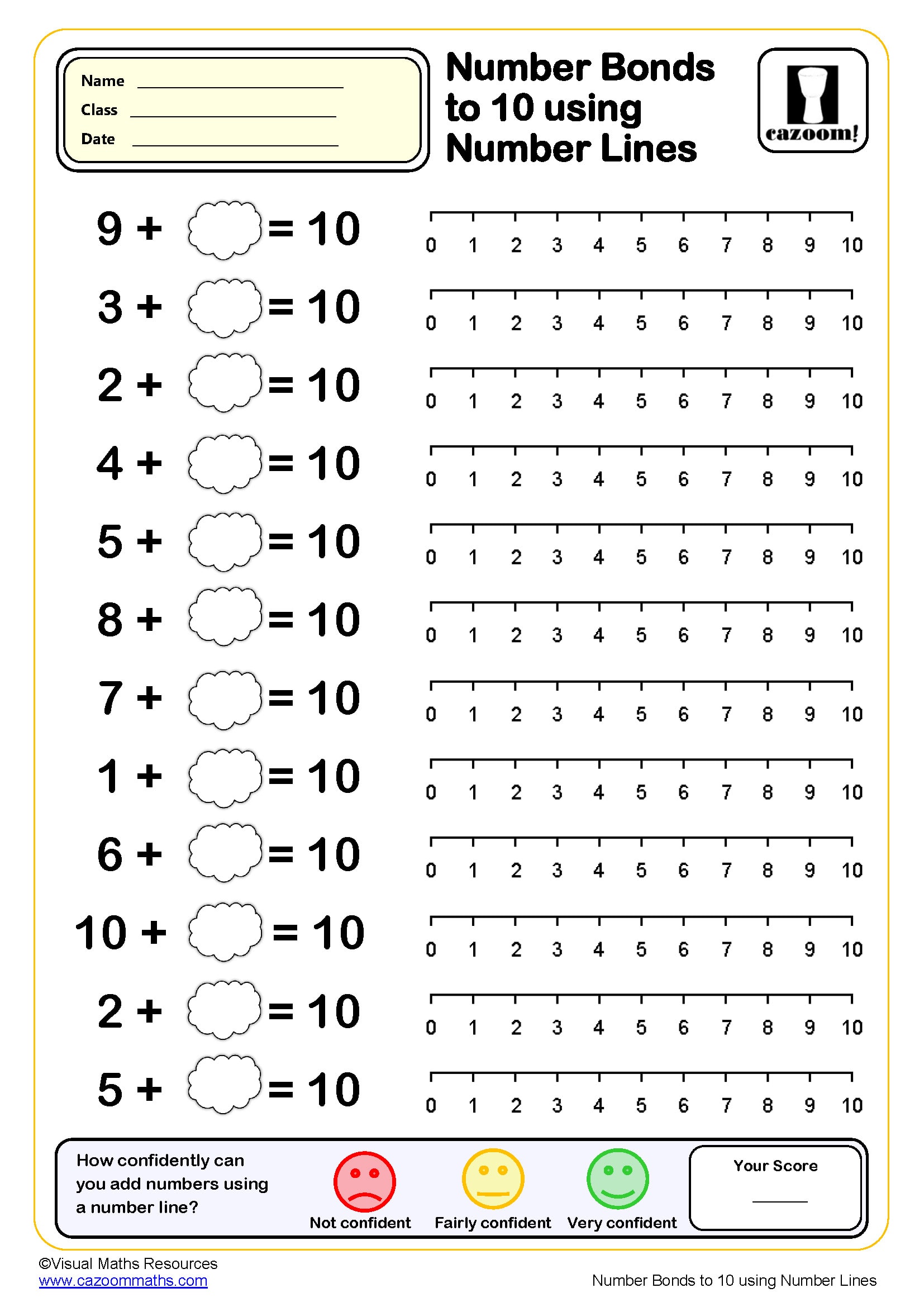 Number bonds to 10 with number lines Worksheet | PDF printable