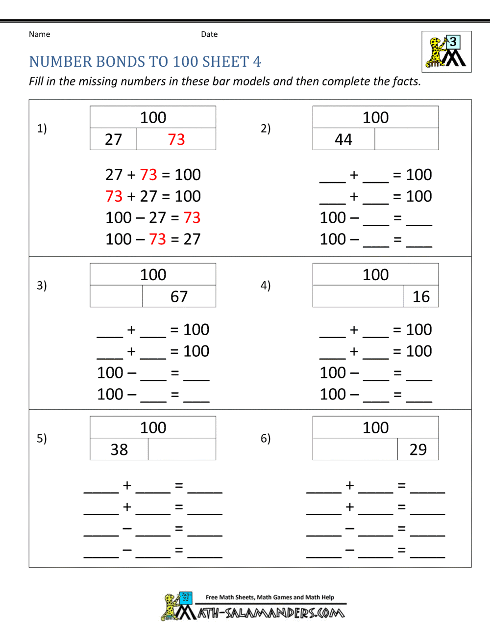 Number Bonds Worksheets to 100