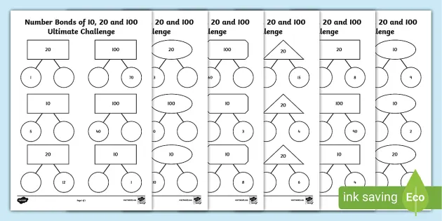 Number Bonds of 10, 20 and 100 Worksheets — Maths Worksheet