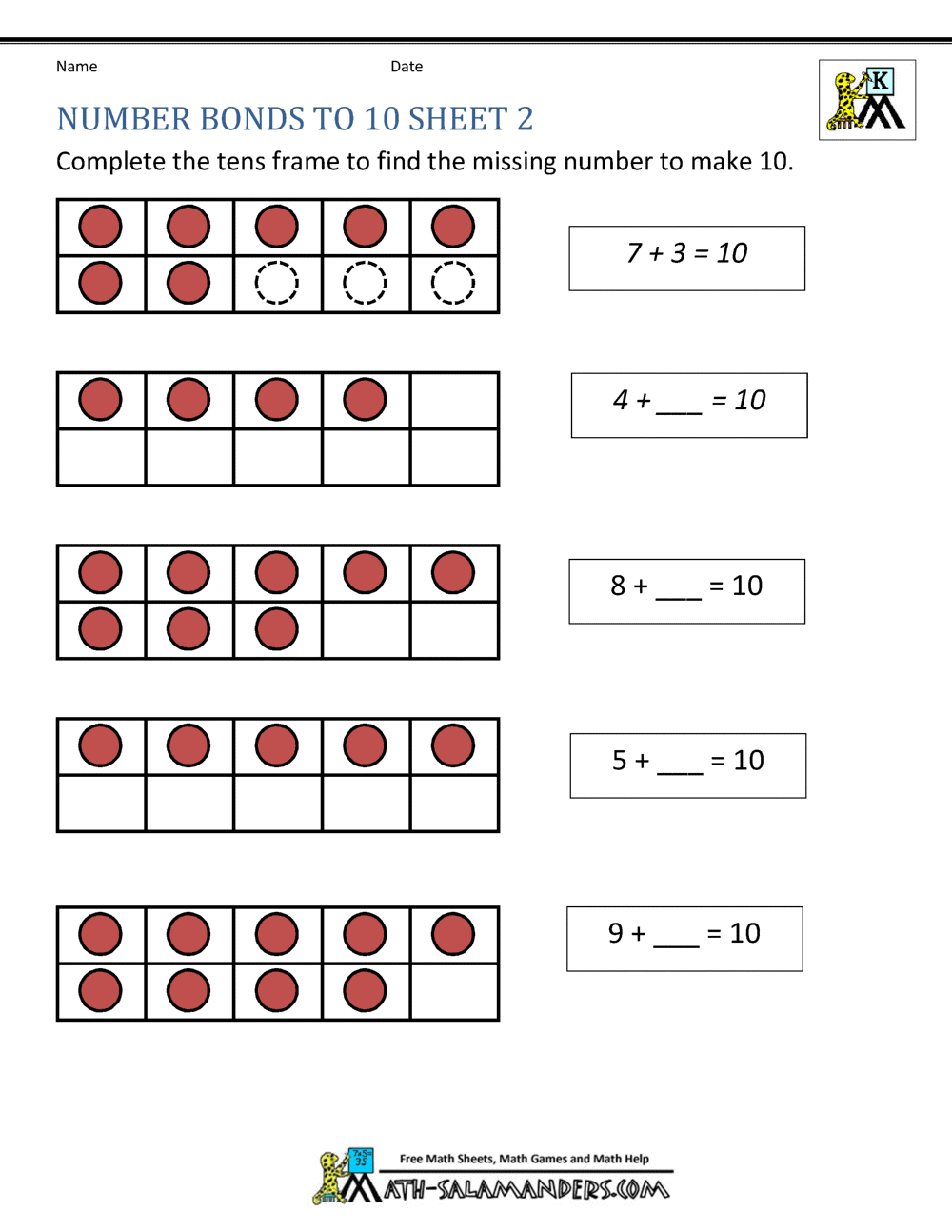 number bonds to 10 worksheet