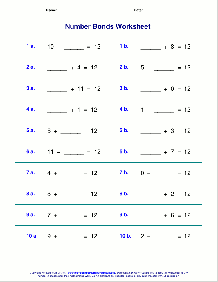 number bonds worksheet 2nd grade