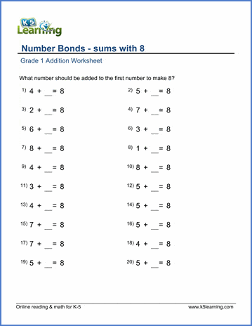 Grade 1 addition worksheets - Number bonds, sums of 8 | Worsheets library