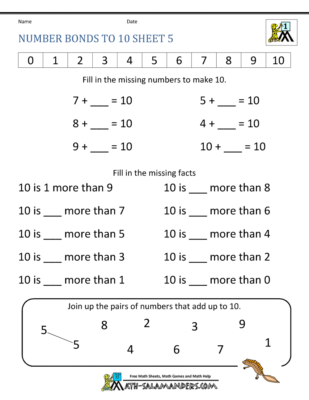 number bonds worksheet for first grade