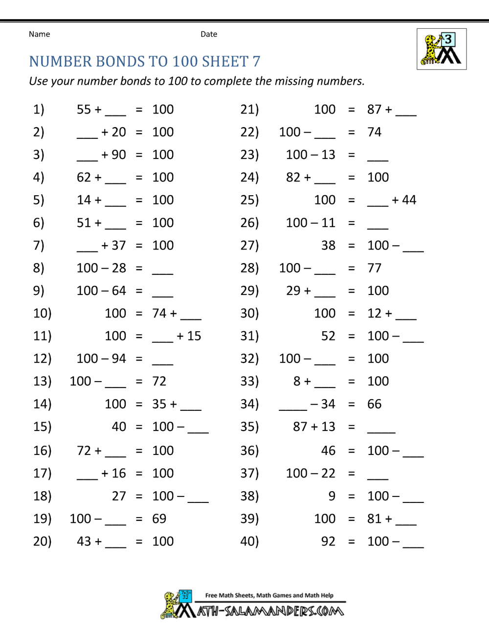 Number Bonds Worksheets to 100