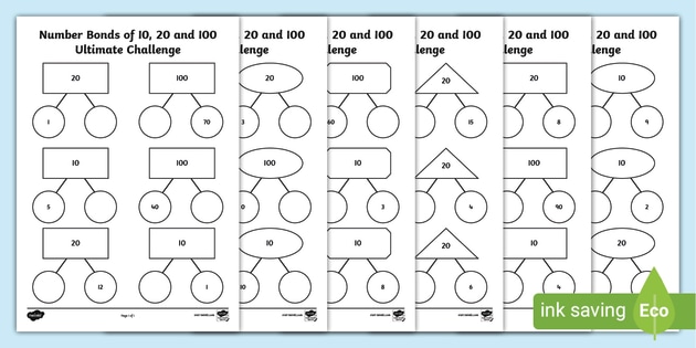 Number Bonds of 10, 20 and 100 Worksheets — Maths Worksheet