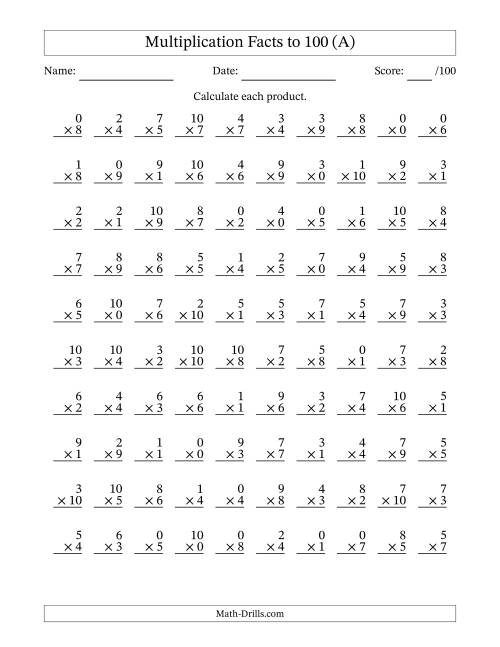 Multiplication Facts to 100 (100 Questions) (With Zeros) (A)