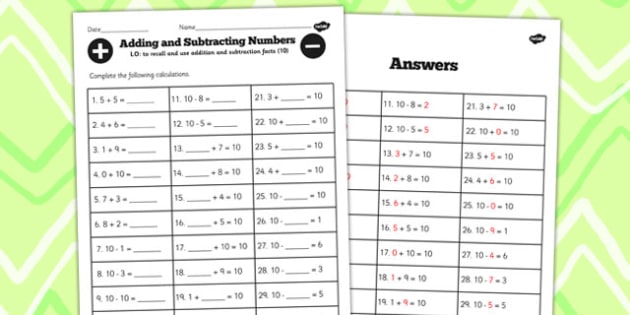 Basic Facts to 10 Worksheet | Basic Addition Facts | Primary
