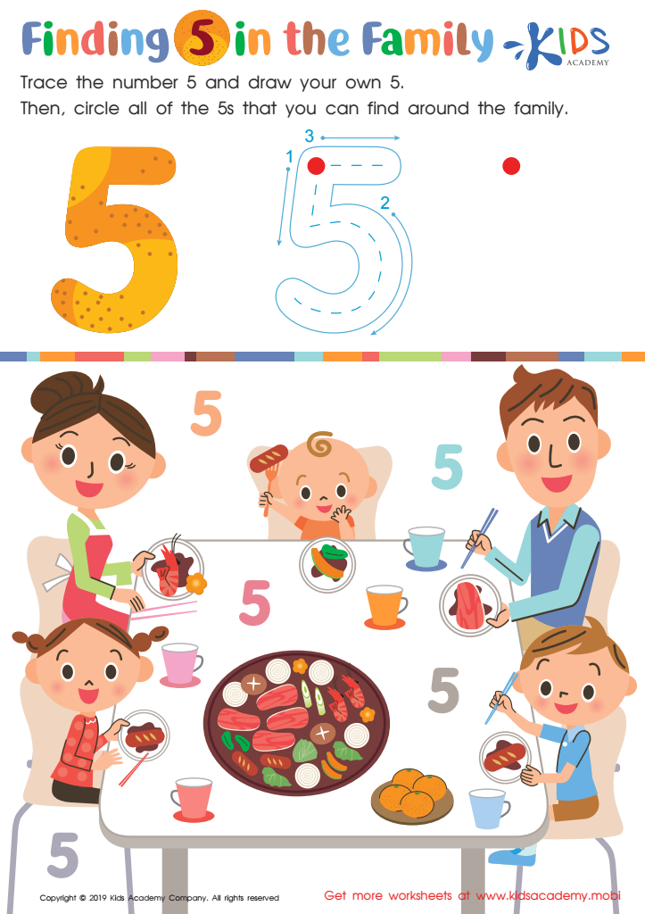Finding 5 in the Family Worksheet for kids