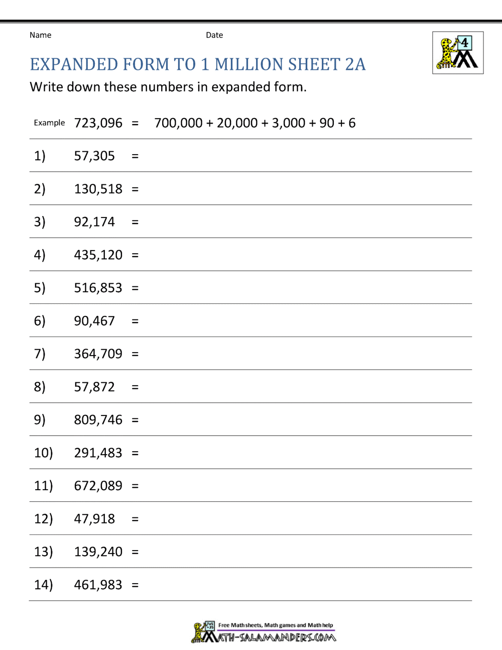 Place Value Worksheet - up to 10 million