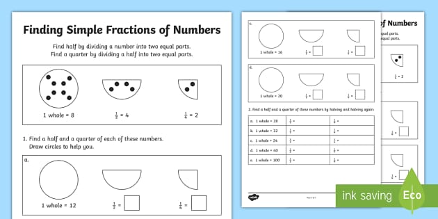 Finding Simple Fractions of Amounts Worksheet (teacher made)