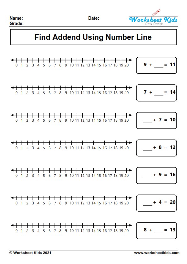 Number line addition worksheets for grade 1 - Free printable PDF