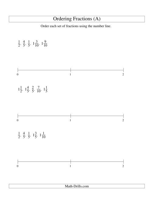 Ordering Fractions on a Number Line -- Easy Denominators to 10 (A)