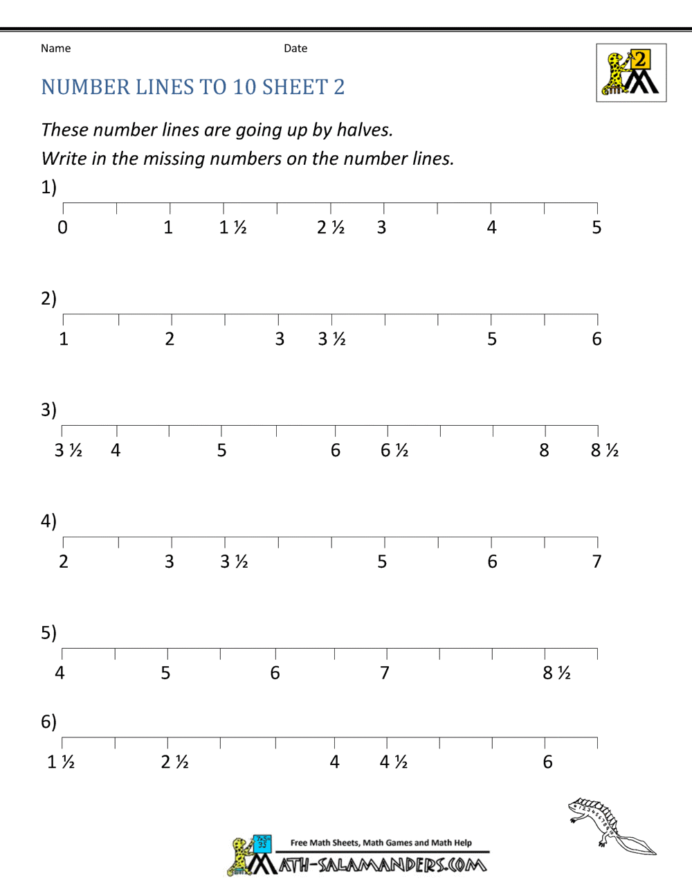 Math Number Line Worksheets - Counting by halves