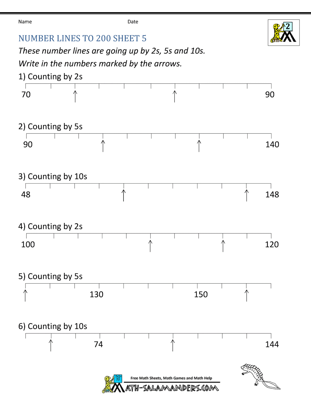 number line worksheet for 2nd grade