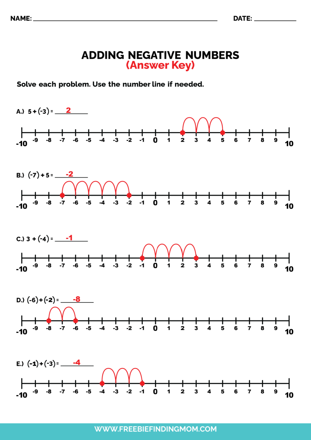 number line worksheet with answers