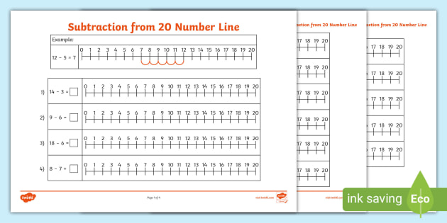 Horizontal Subtraction Worksheets - Number Line Sums to 20