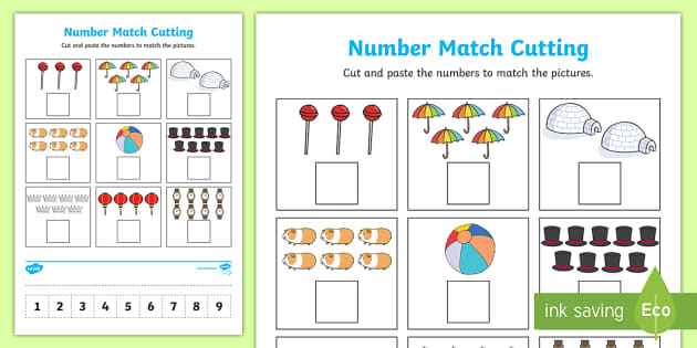 Number Matching Cut and Paste (1 to 9) Worksheet / Worksheet