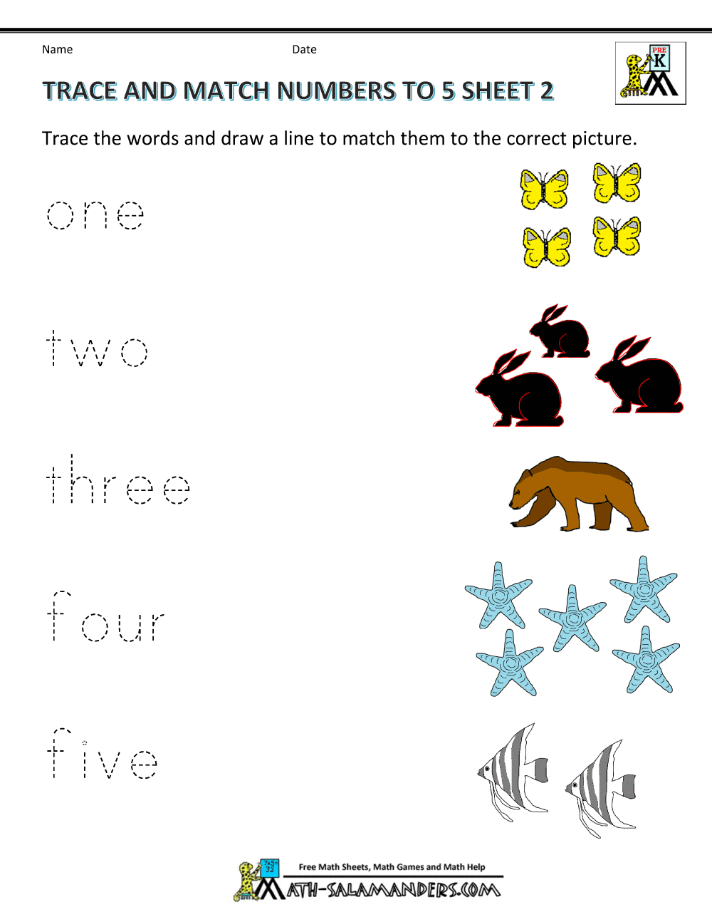 Preschool Math Worksheets - Matching to 5