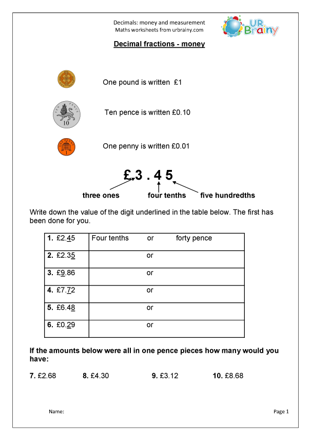 Decimals: money and measurement - Number and Place Value by ...
