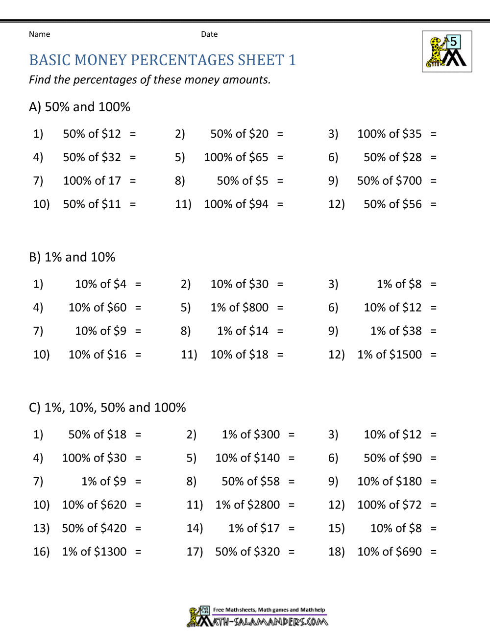 Money Percentage Worksheets